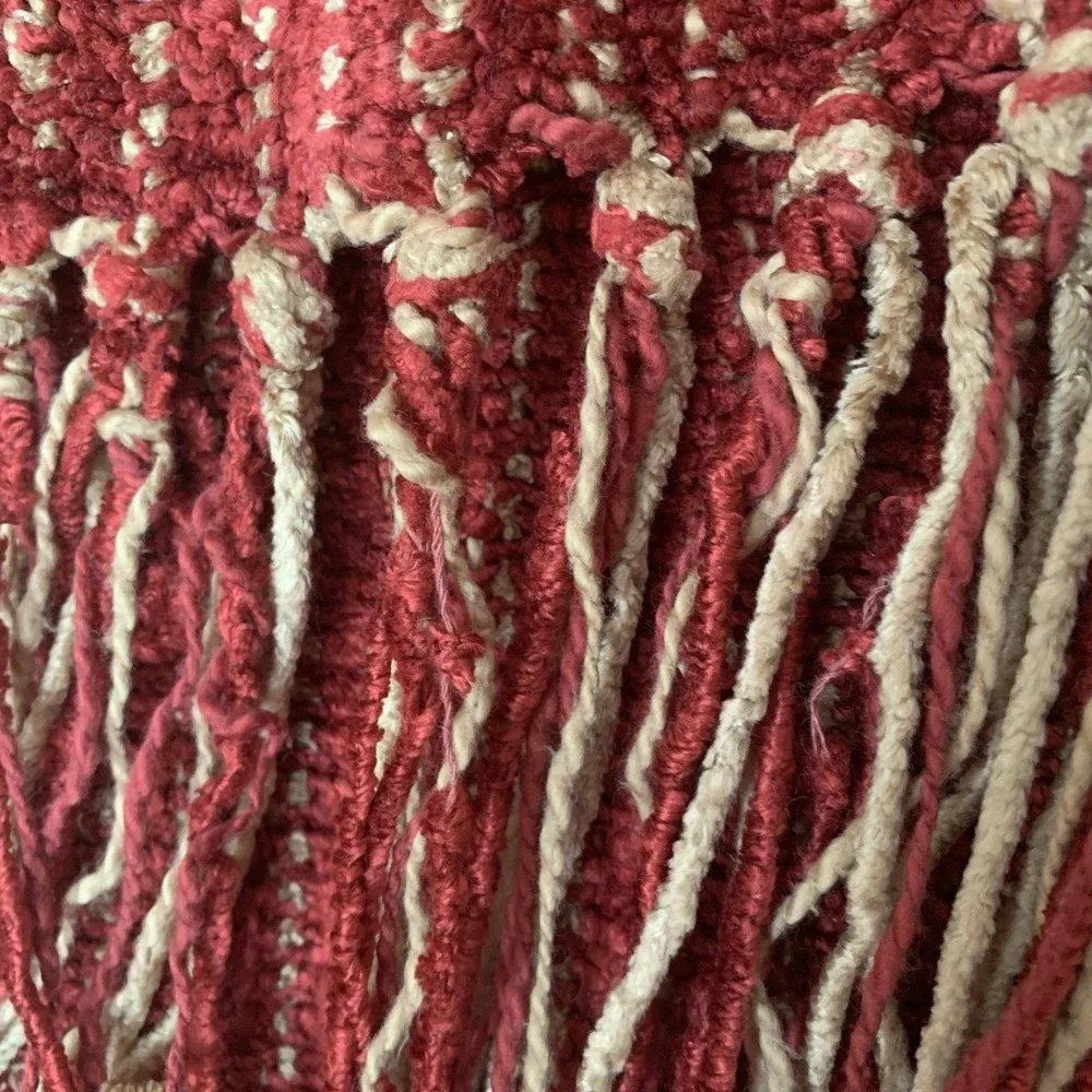 Restoration Hardware Chenille Fringe Throw Blanket Heavy Red Tan Stripe Holiday